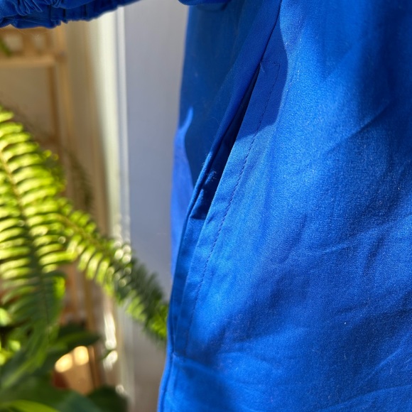 Scoop neck 100%cotton mini dress pullover solid blue ruched sleeves - Picture 5 of 12